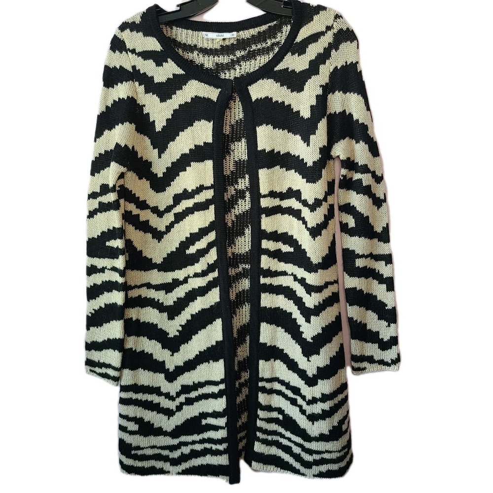 Sioni Cream & Black Zebra Print Open Front Long Cardigan Sweater Women's Sz S